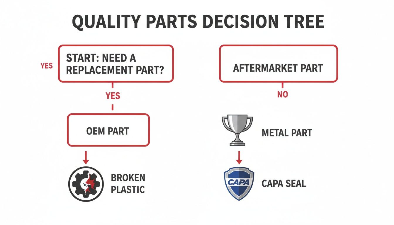 Quality parts decision tree flowchart showing OEM parts for broken plastic and aftermarket parts with CAPA seal for metal parts.