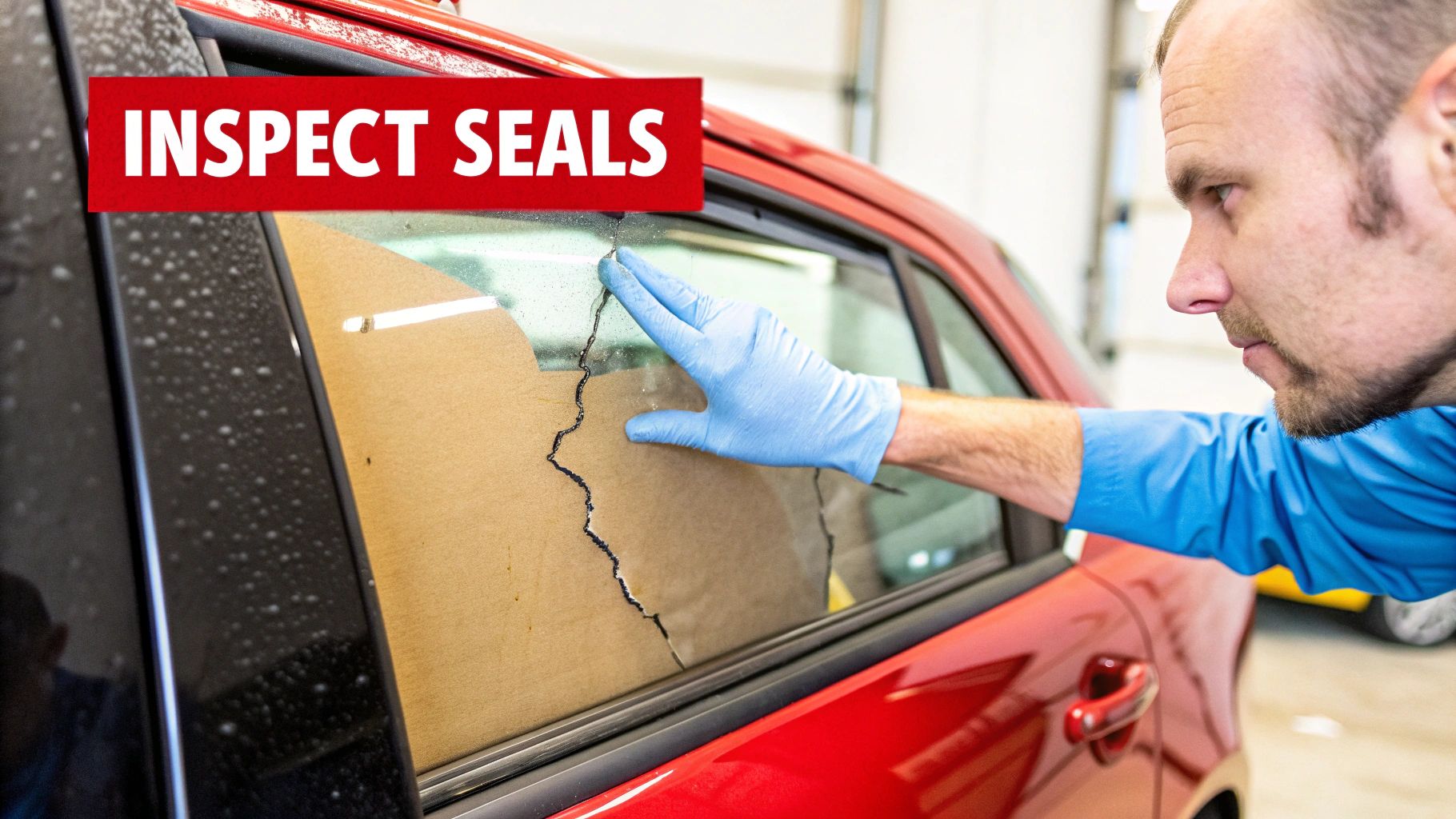 A mechanic wearing a blue glove inspects a red car's rear window rubber seal, with "INSPECT SEALS" text.