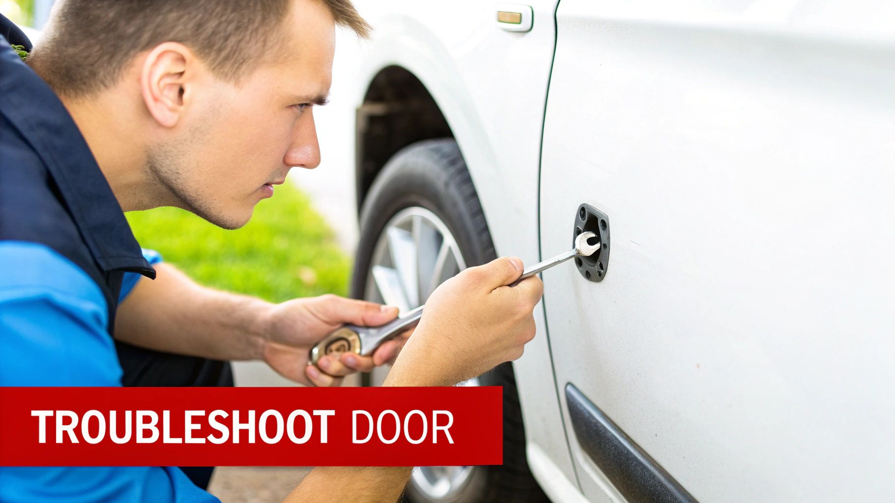 A mechanic uses a wrench to troubleshoot a car door latch, focusing intensely.