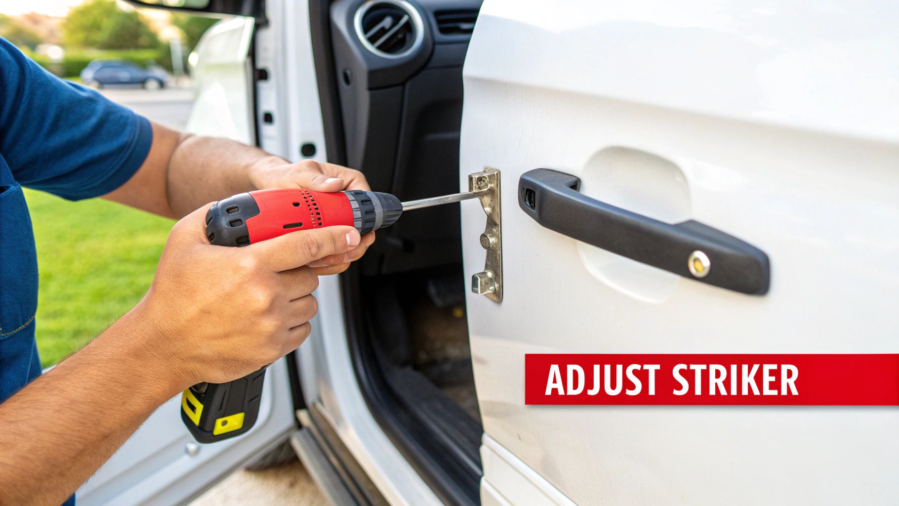 A person uses a red and black power screwdriver to adjust a white car door striker plate.