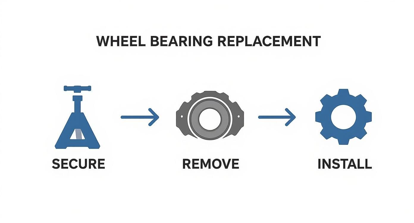 A diagram illustrating the three steps for wheel bearing replacement: secure, remove, and install.