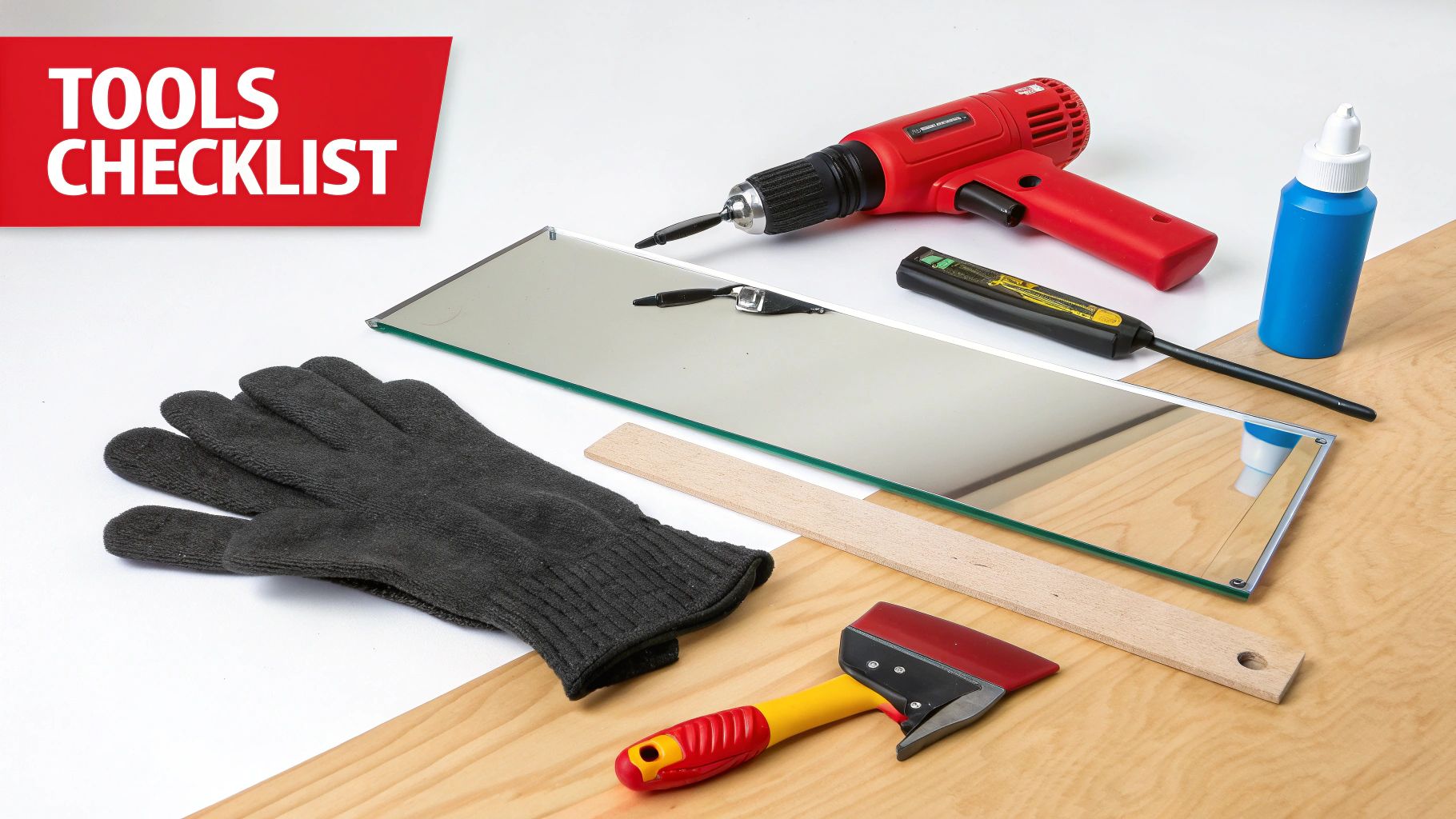 A flat lay showing a tools checklist for mirror replacement, including a drill, mirror, gloves, and scraper on a wooden background.