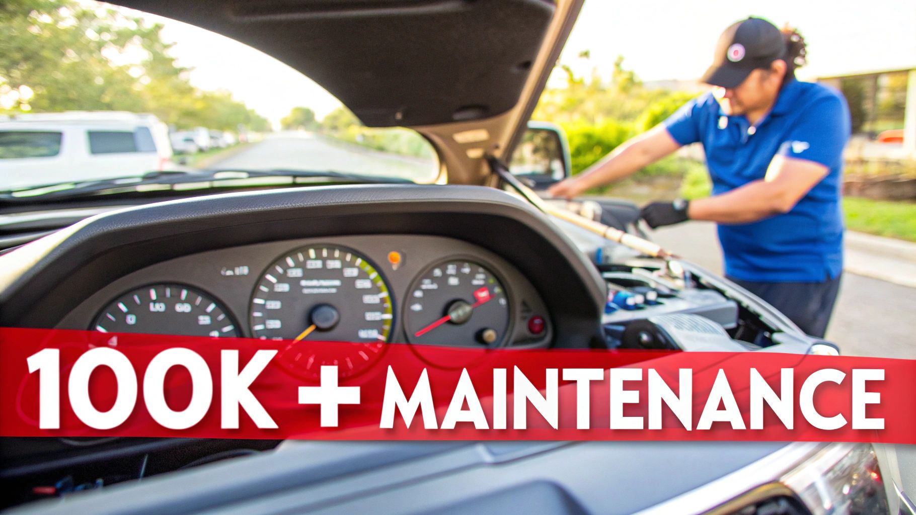 A person in a cap and blue shirt works on a car's open engine with dashboard visible, banner reads '100K + MAINTENANCE'.