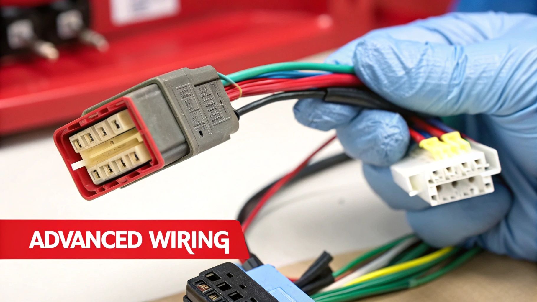 Technician wearing blue gloves connecting automotive electrical wiring harness connectors for advanced vehicle repair