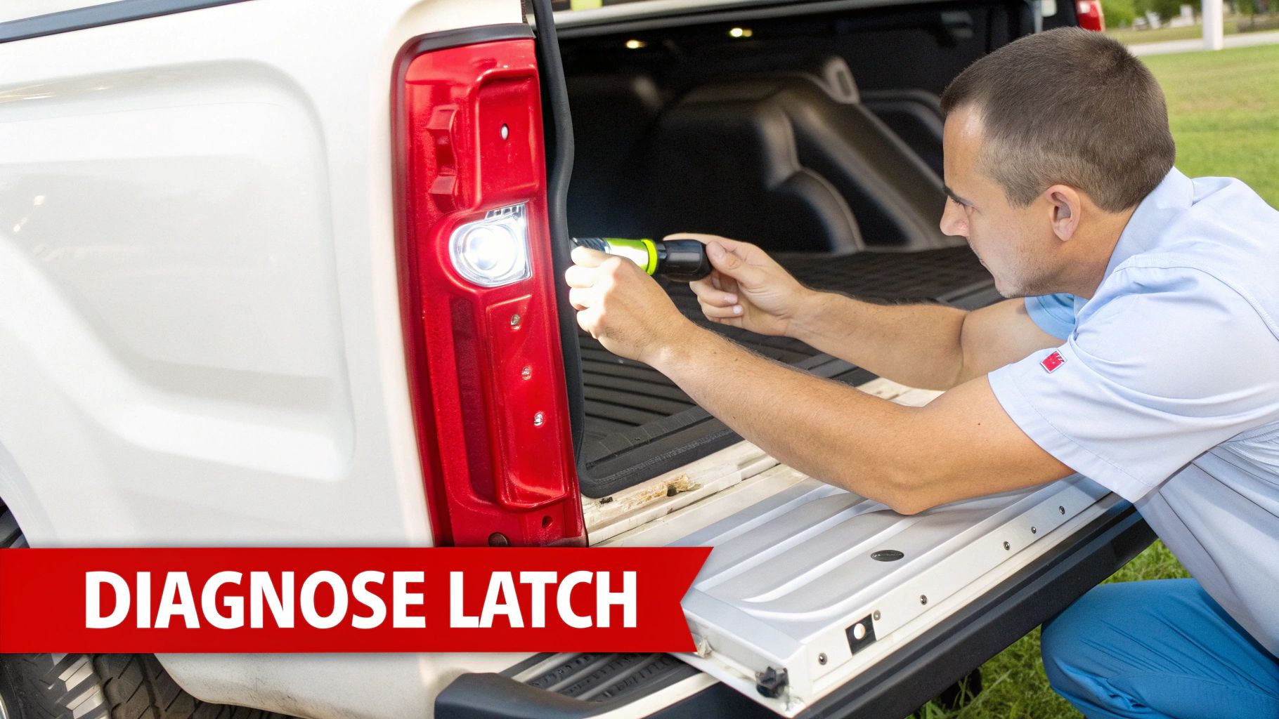 A mechanic uses a flashlight to diagnose a tailgate latch issue on a white Ford F-150 pickup truck.