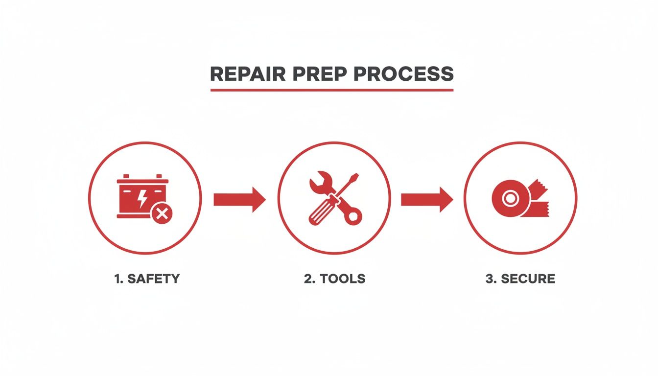 Diagram illustrating a three-step repair preparation process: safety, tools, and securing components with tape.