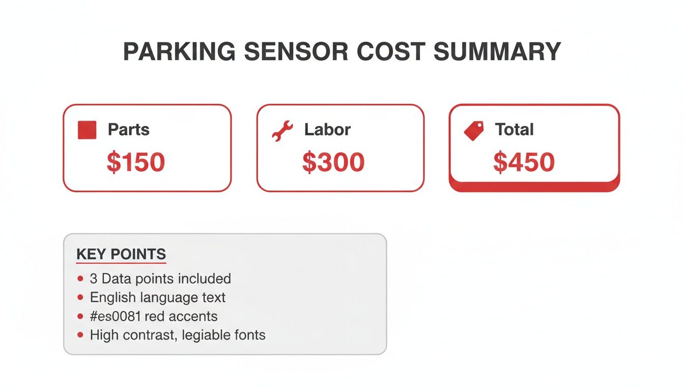A cost summary graphic for parking sensor installation showing parts, labor, and total costs.