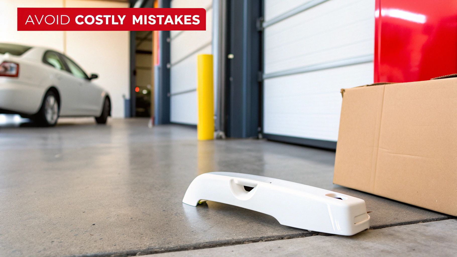 A white car backs out of a garage, with a white parking assist device on the concrete floor.