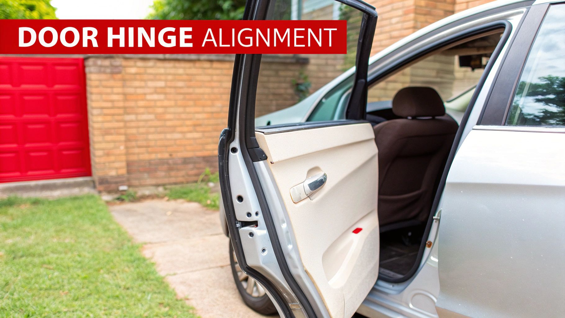 A person carefully aligning a new car door hinge before tightening the bolts.