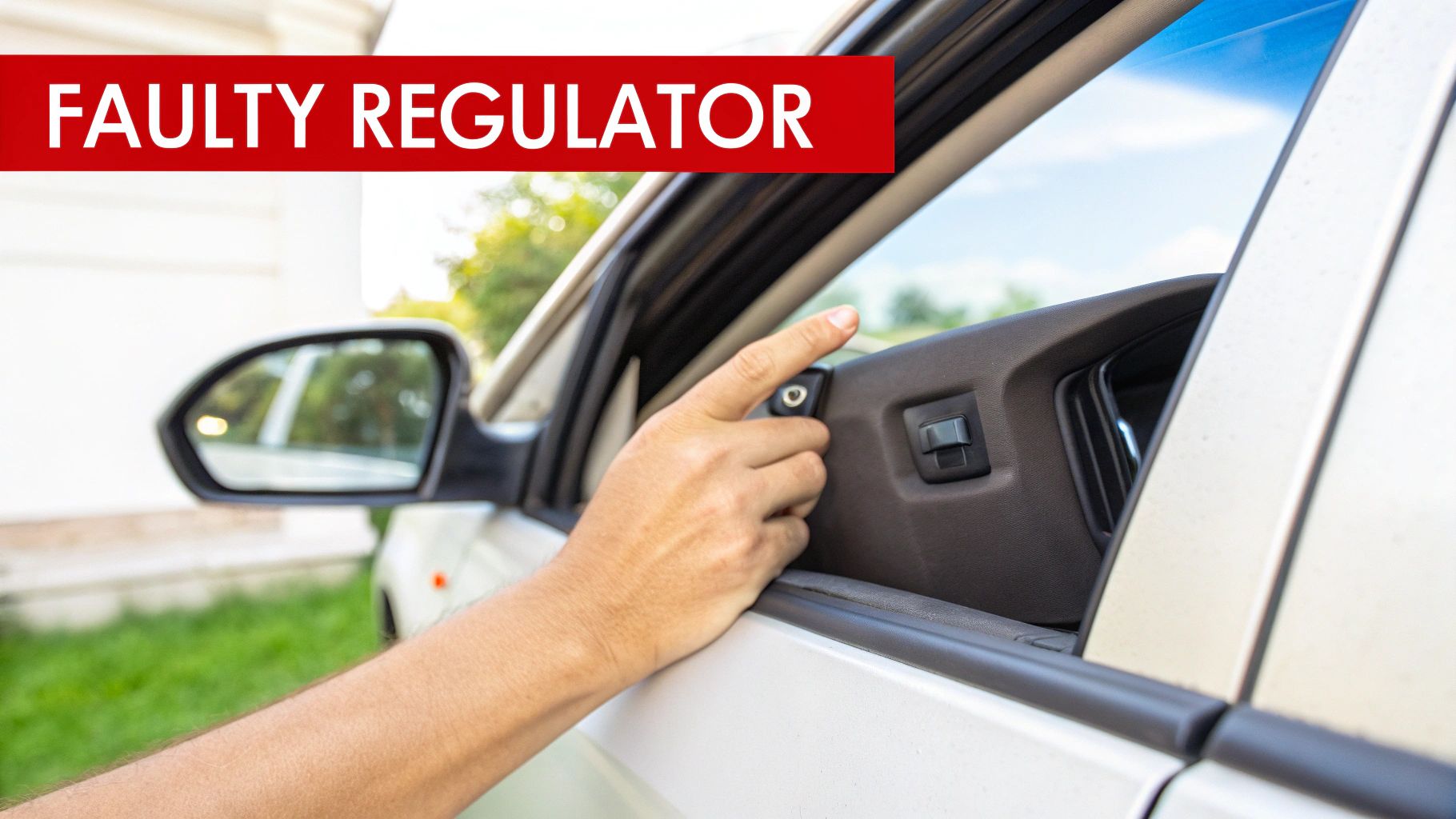 A person's hand operates a car power window with a 'FAULTY REGULATOR' text overlay, suggesting repair needs.