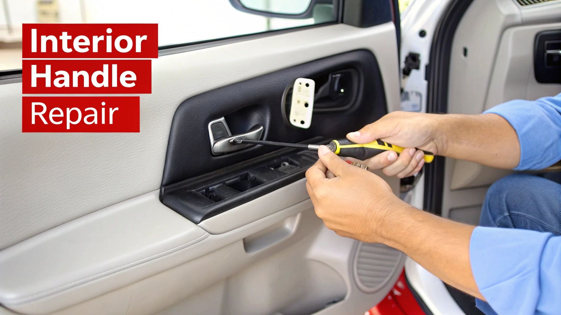 A person uses a screwdriver to repair or replace a car's interior door handle, with 'Interior Handle Repair' text.