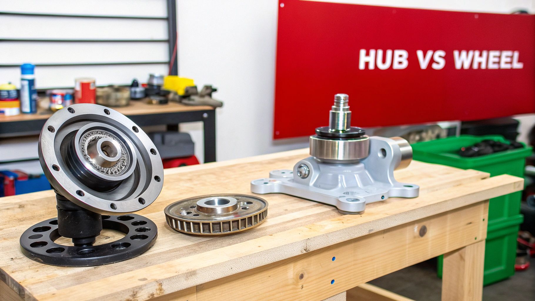 Close-up of automotive hub and wheel bearing components displayed on a wooden workbench.