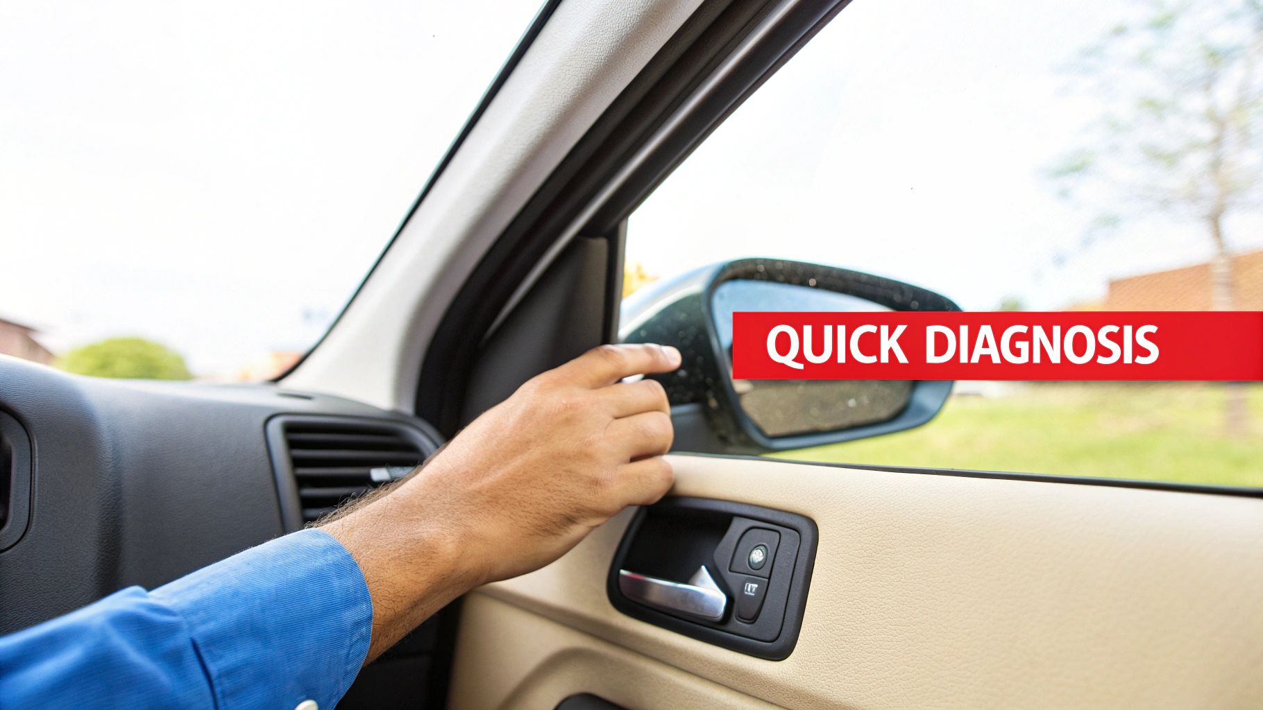 A close-up of a person's hand adjusting a car's side mirror, with a red banner.