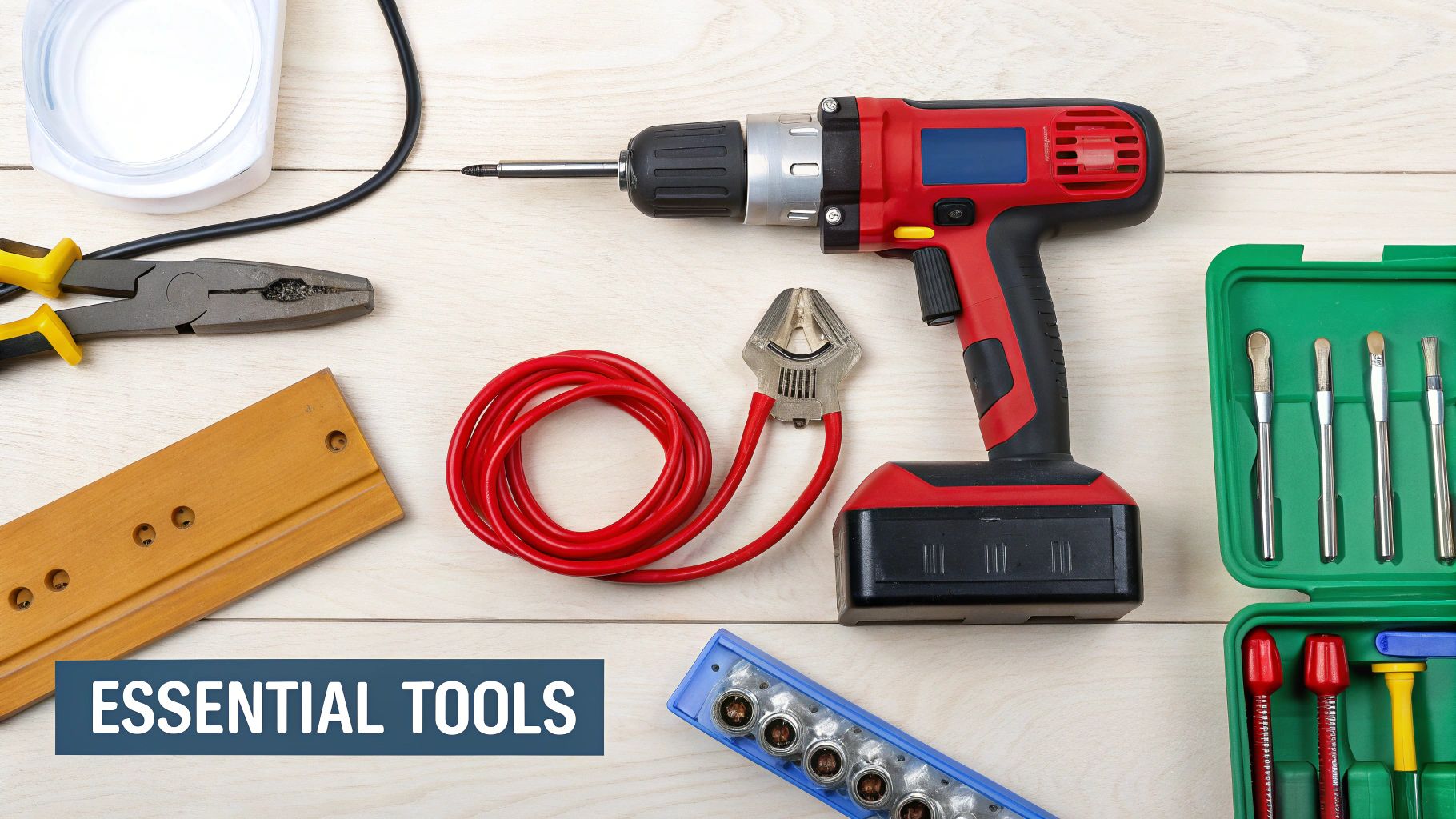 A collection of tools neatly arranged on a workbench, including a trim removal kit, socket set, and painter's tape, ready for a car repair job.