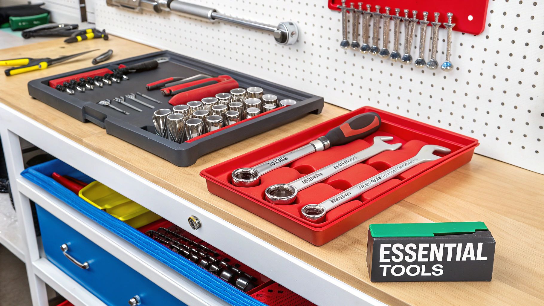 A collection of essential tools for car door panel removal laid out on a clean surface