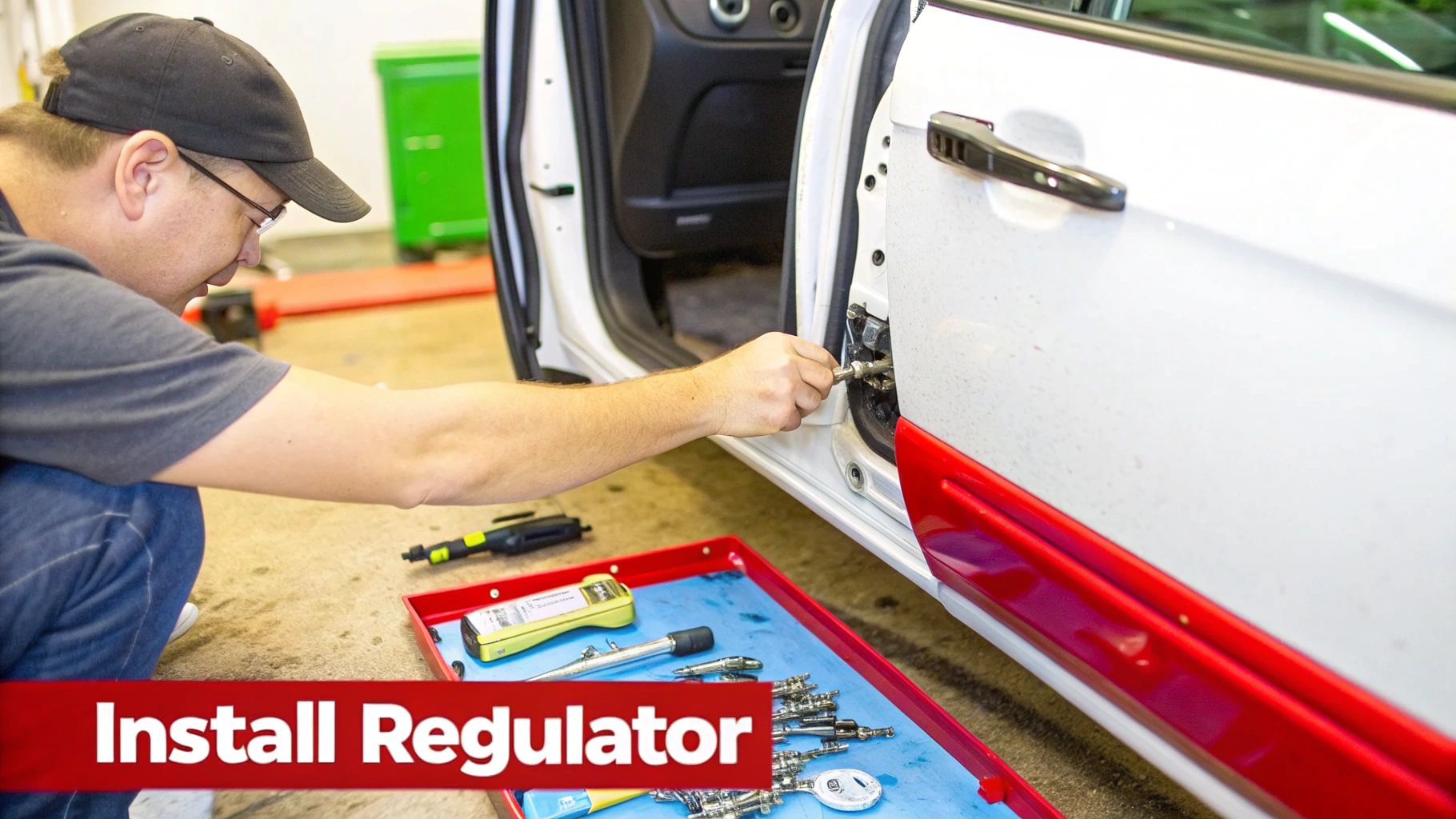 A person wearing a cap and glasses installs a regulator into a white car door with various tools.