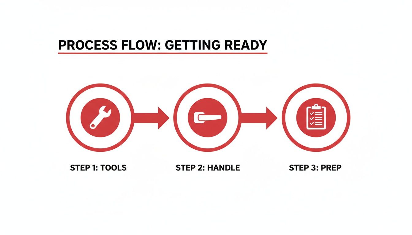 A red and white process flow diagram illustrating three steps: Tools, Handle, and Prep.