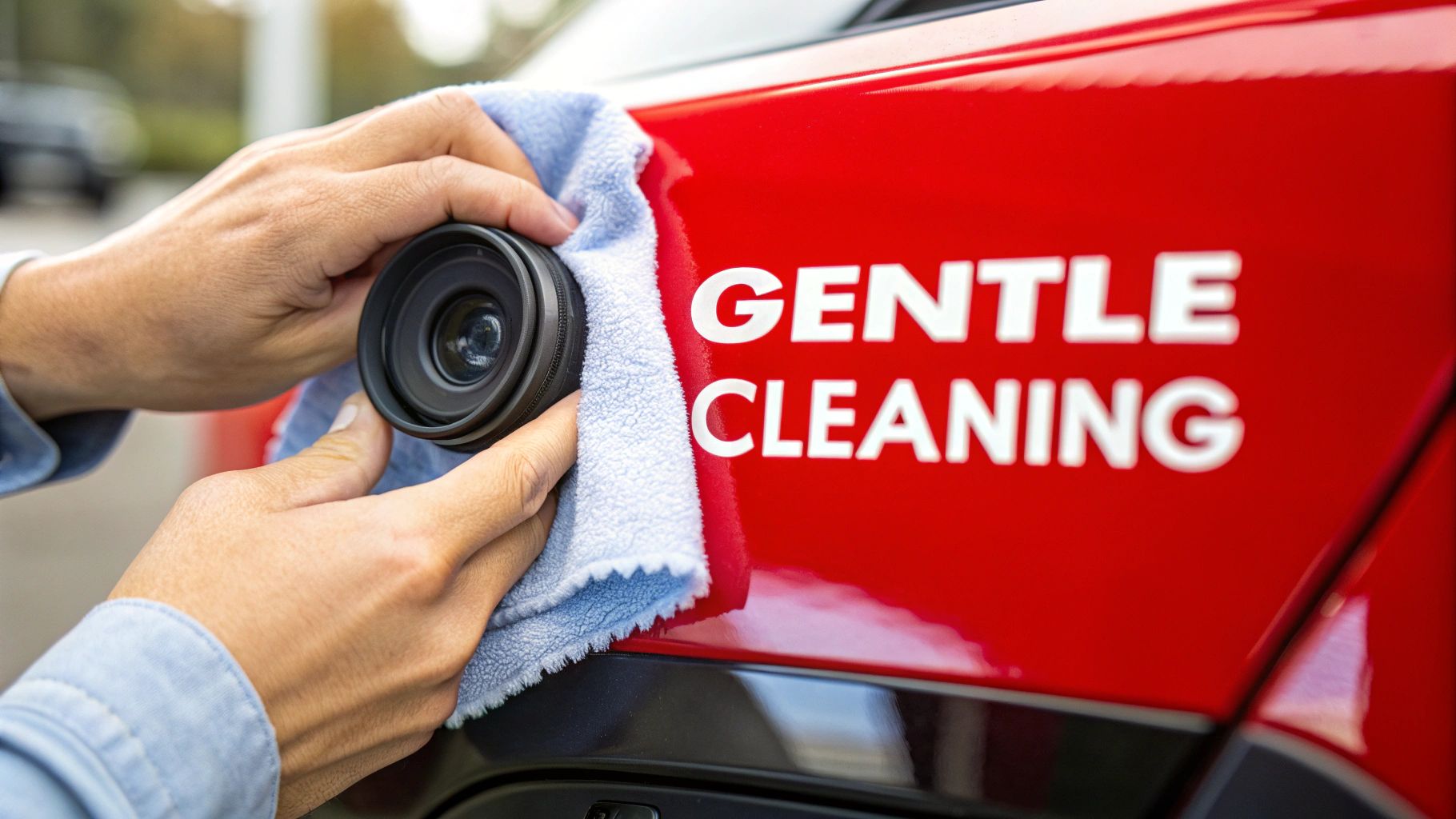 Hands gently wipe a camera lens with a microfiber cloth on a red surface.