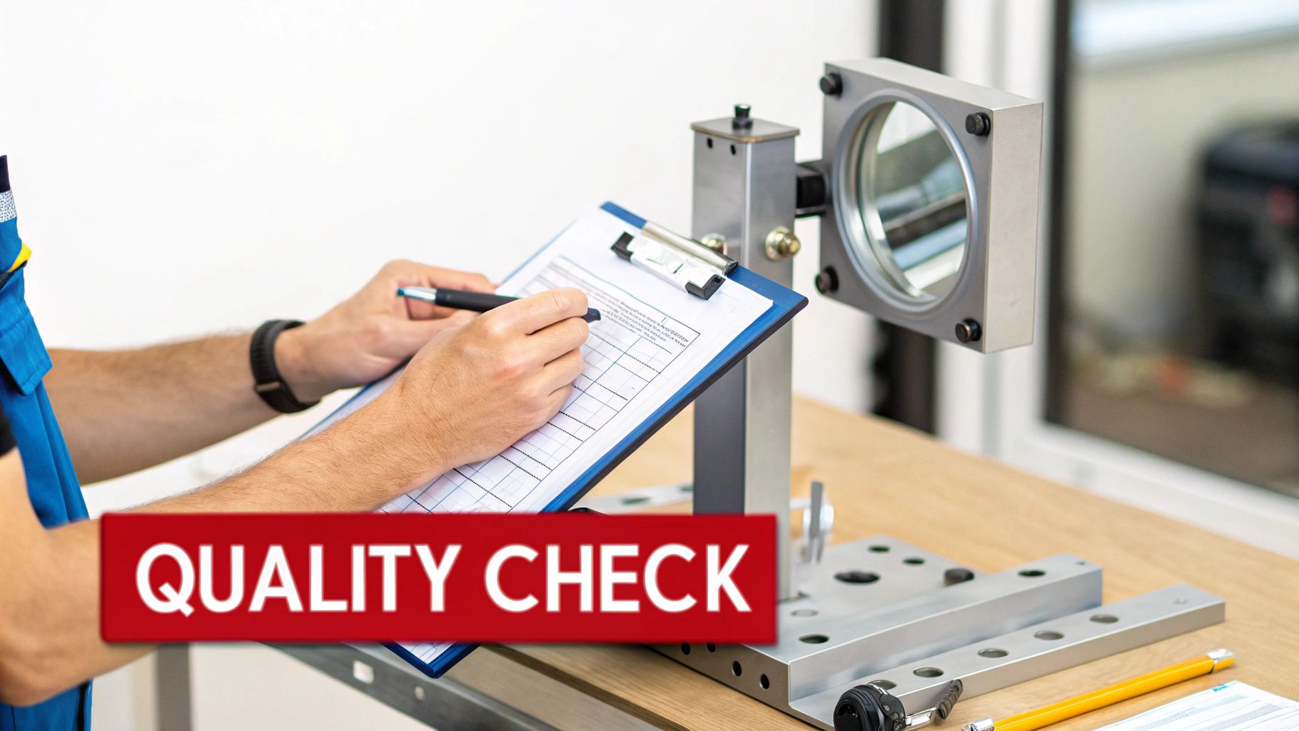 A technician performs a quality check, writing on a clipboard next to industrial inspection equipment.