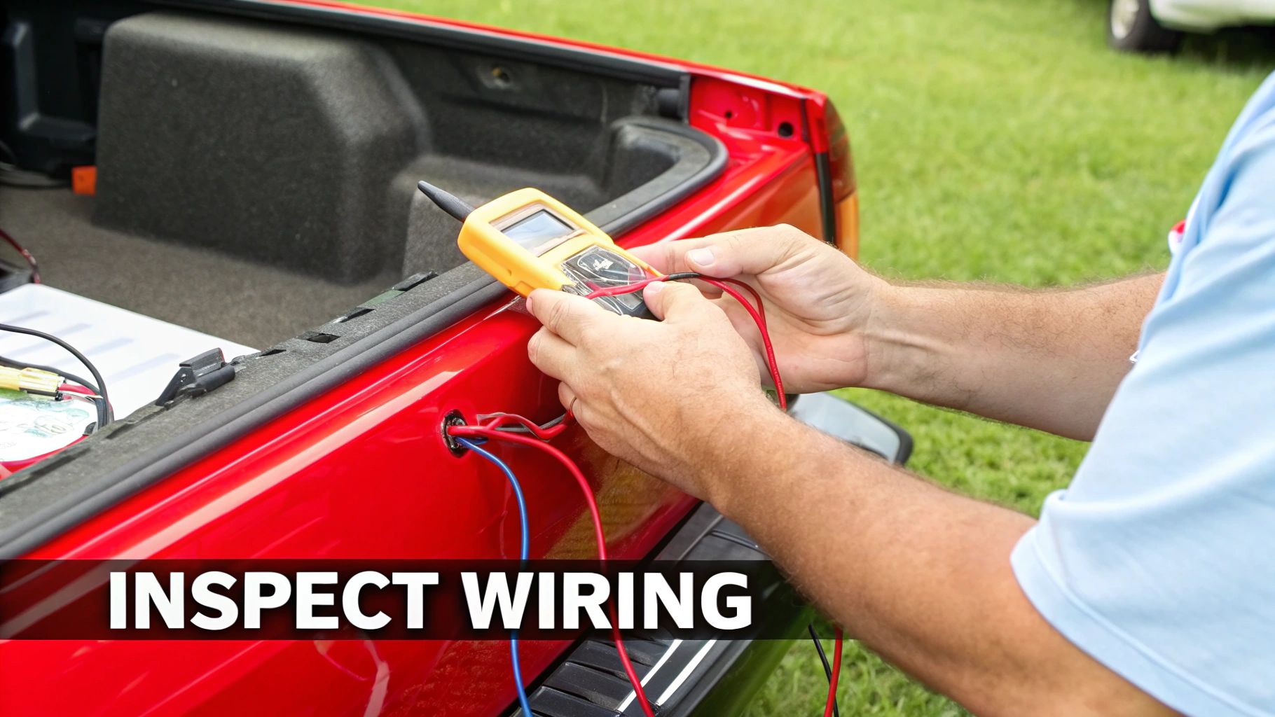 Close-up of hands using a yellow multimeter to inspect wiring in the bed of a red truck.