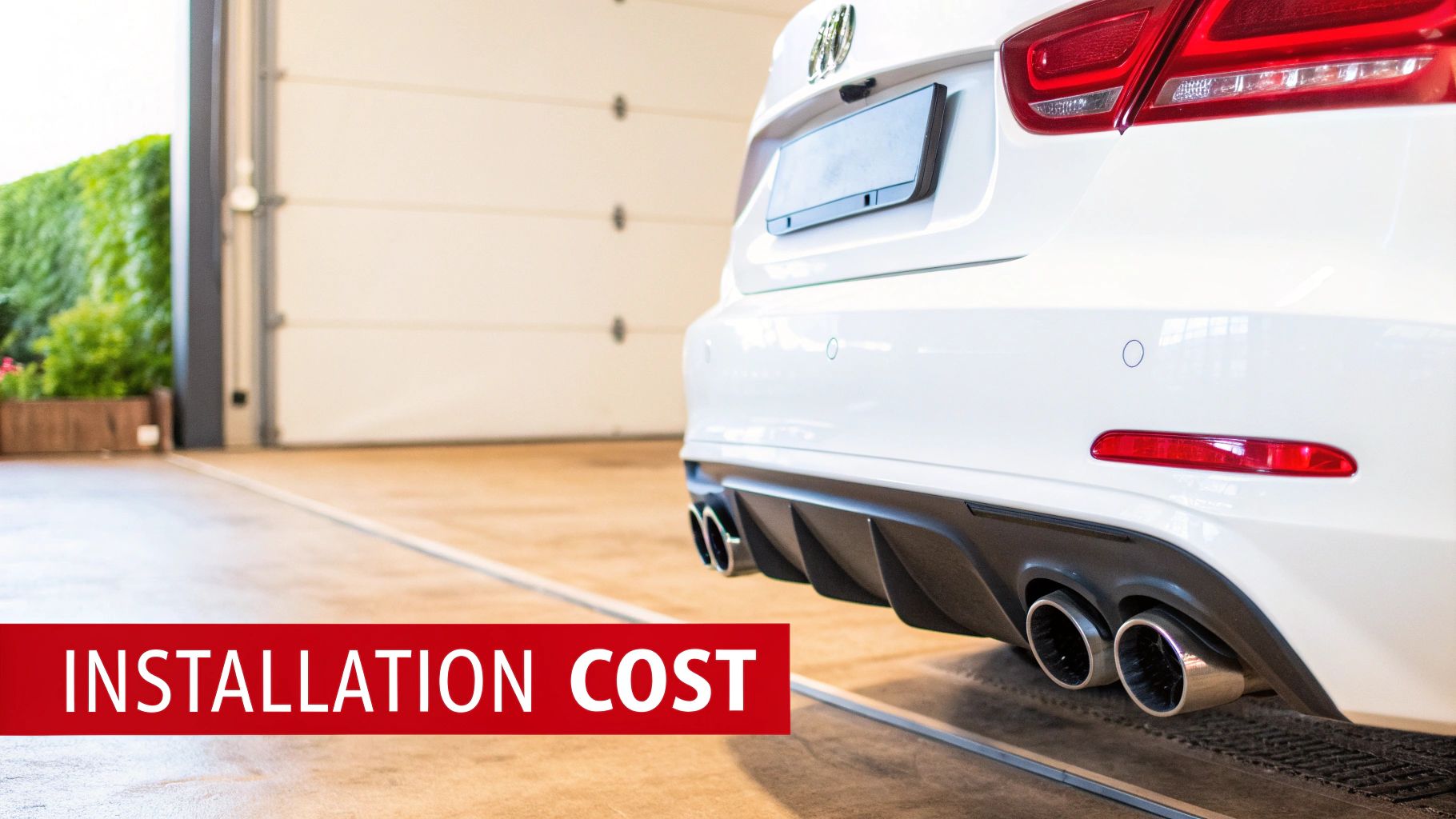 White car's rear bumper displaying dual exhaust pipes, parking sensors, and 'INSTALLATION COST' banner.