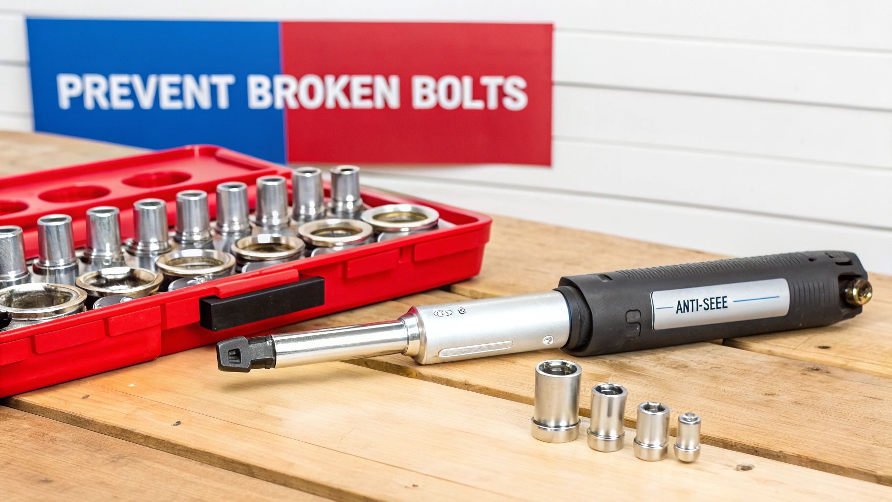A toolkit with various sockets, a torque wrench, and a sign saying 'PREVENT BROKEN BOLTS' on a wooden table.