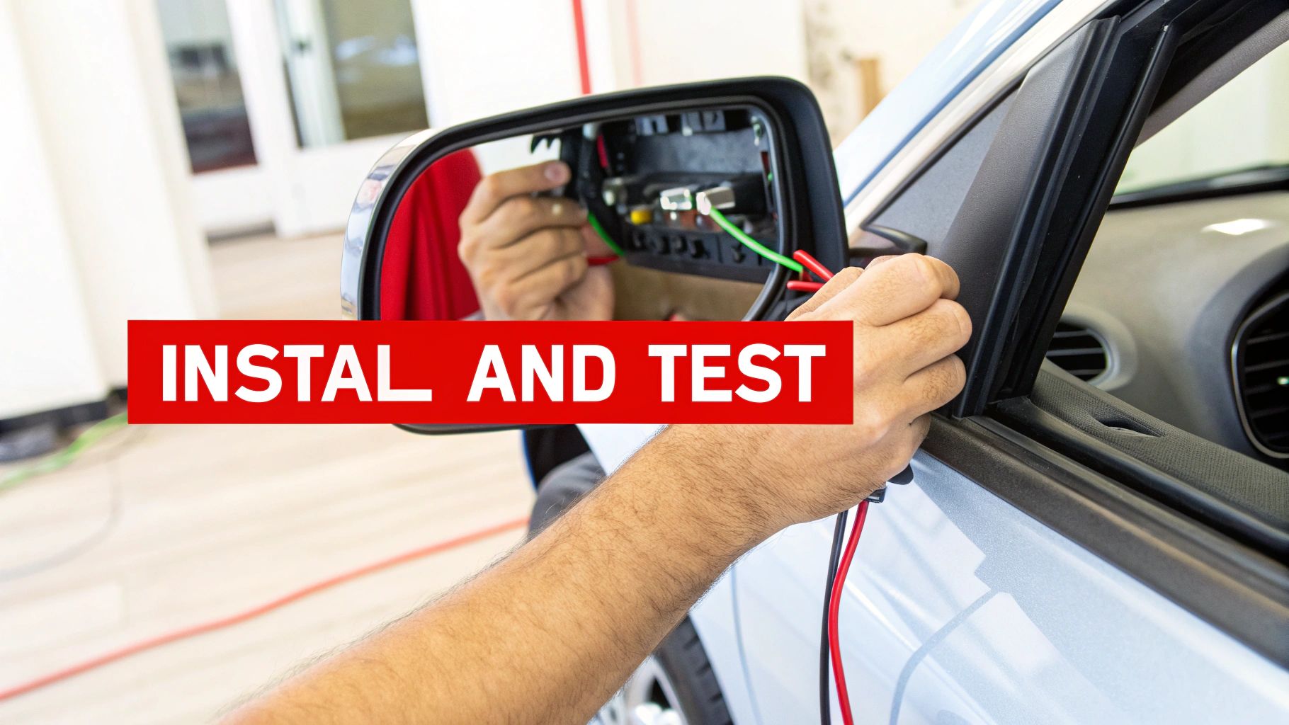 A person's hands carefully installing a new side mirror onto a car door, with the mounting bolts visible.