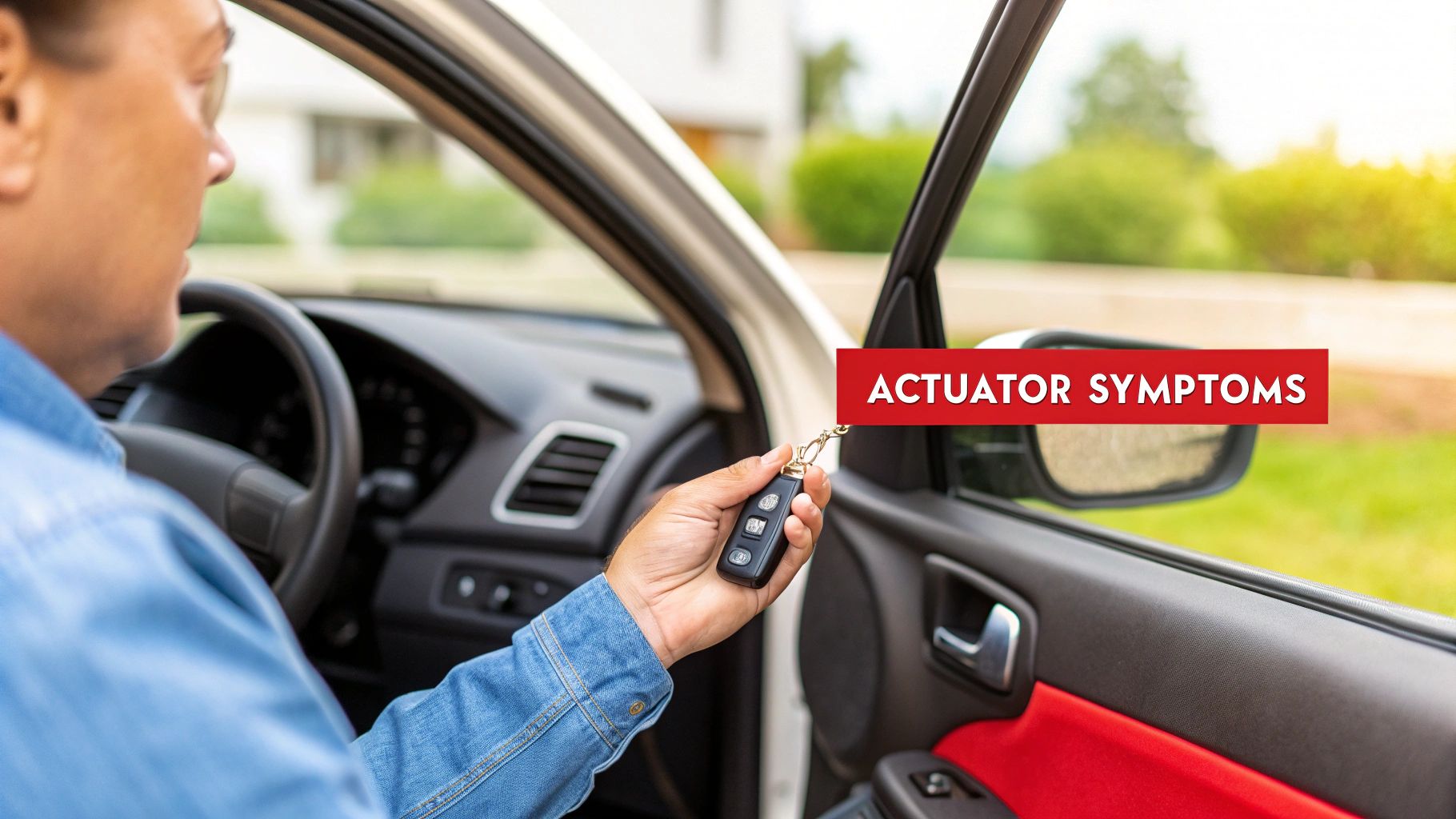 A person in a car's driver seat holds a key fob while the car door is open.