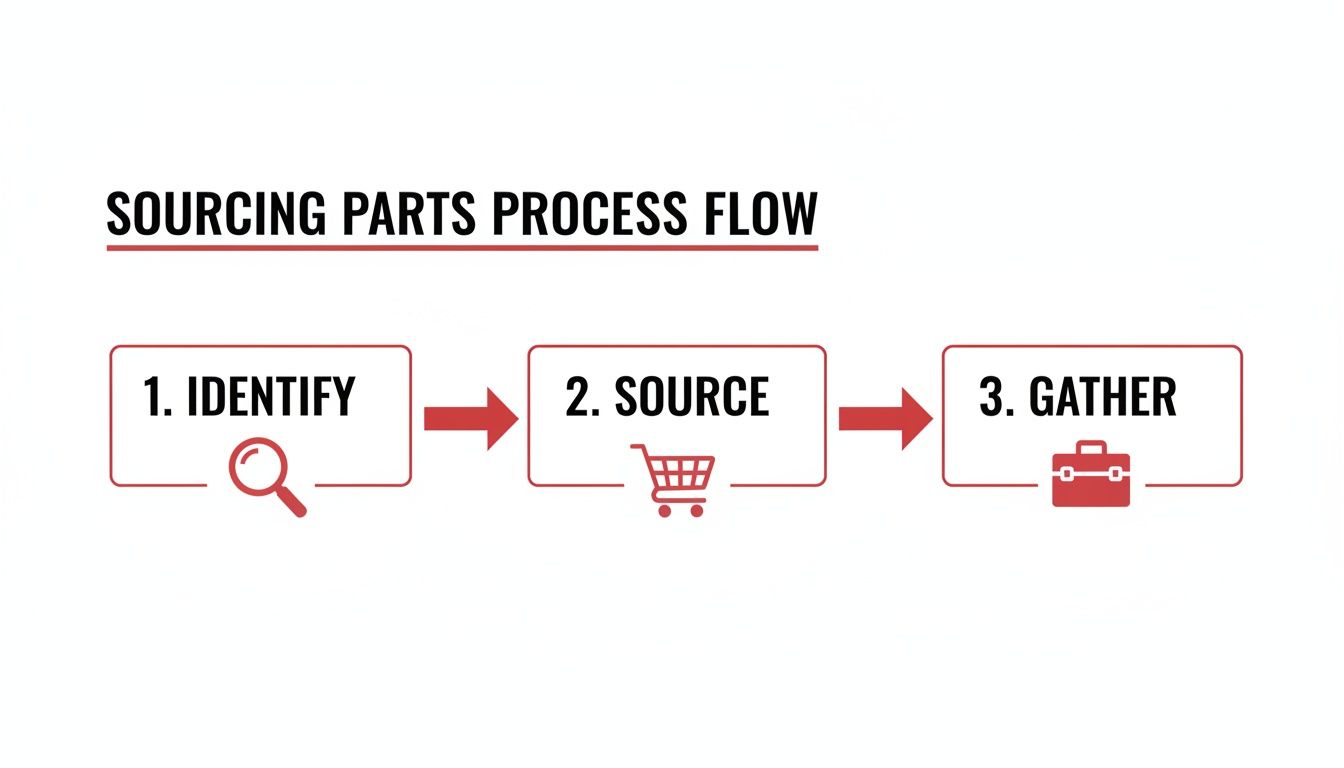 A flowchart illustrating the three-step sourcing parts process: identify, source, and gather.