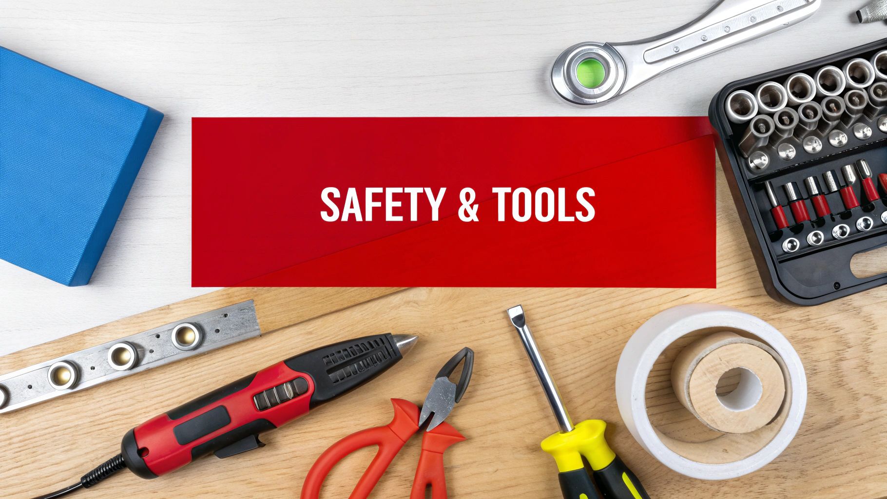 A flat lay of various hand tools like a wrench, socket set, pliers, and screwdriver on a workbench, with a red banner stating "SAFETY & TOOLS".