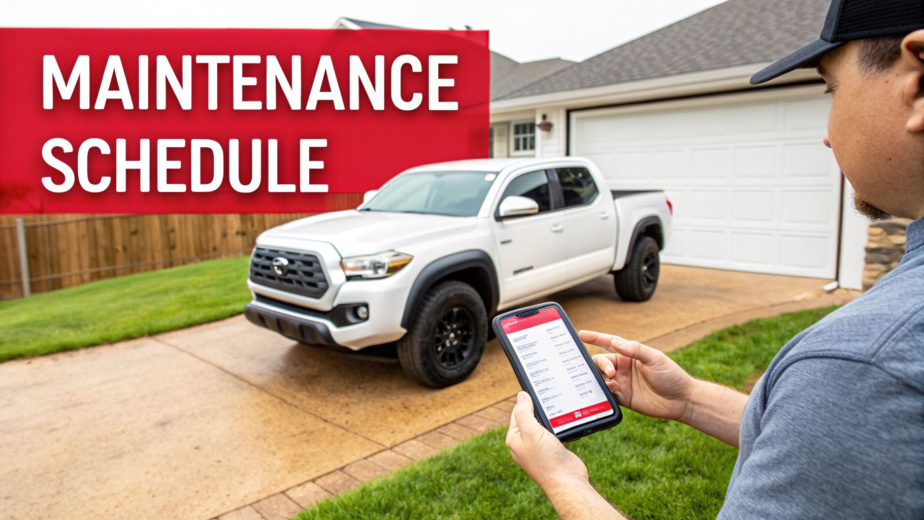 A person views a car maintenance schedule on a smartphone, with a white Toyota Tacoma truck in the driveway.