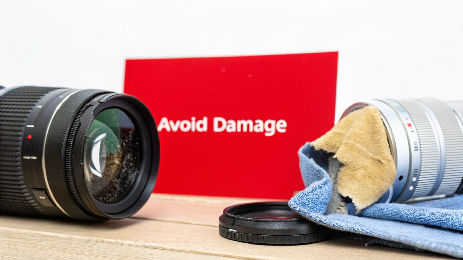 Two camera lenses on a wooden surface, one with a dirty front element, the other with a cleaning cloth, next to a red 'Avoid Damage' sign.