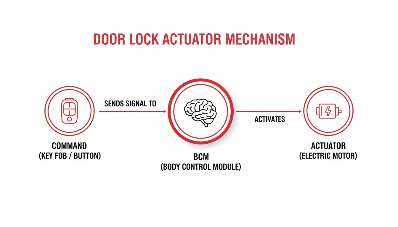 Flowchart illustrating the door lock actuator mechanism, from key fob command to electric motor activation by BCM.