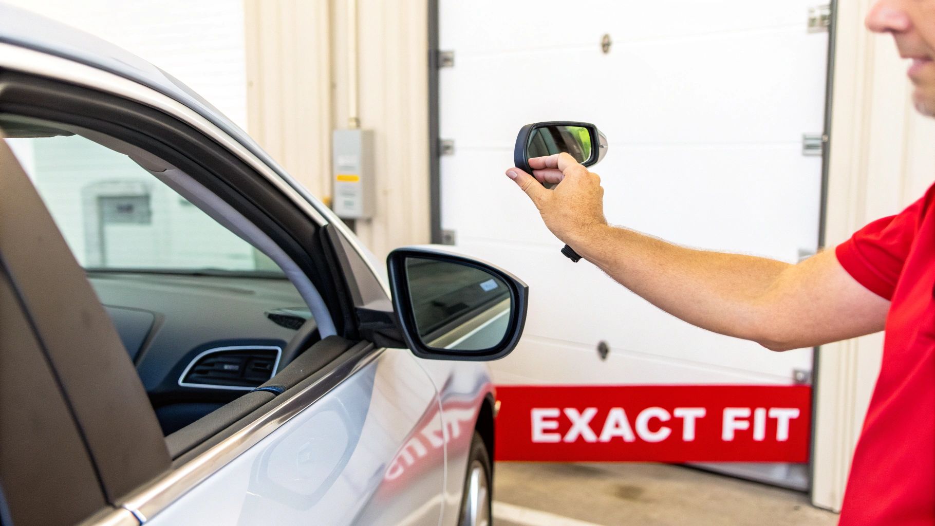 Close-up of a hand holding a small car mirror next to a vehicle's side mirror, showing 'EXACT FIT' in the background.