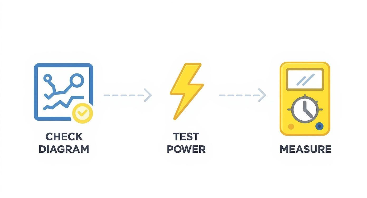 A visual process for electrical diagnosis: check diagram, test power with a lightning bolt, and measure with a multimeter.