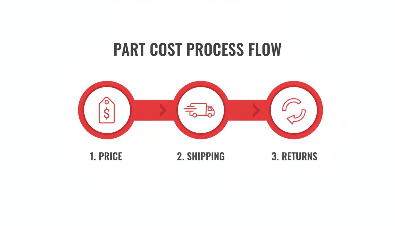 Process flow diagram showing three steps for part cost: price, shipping, and returns.