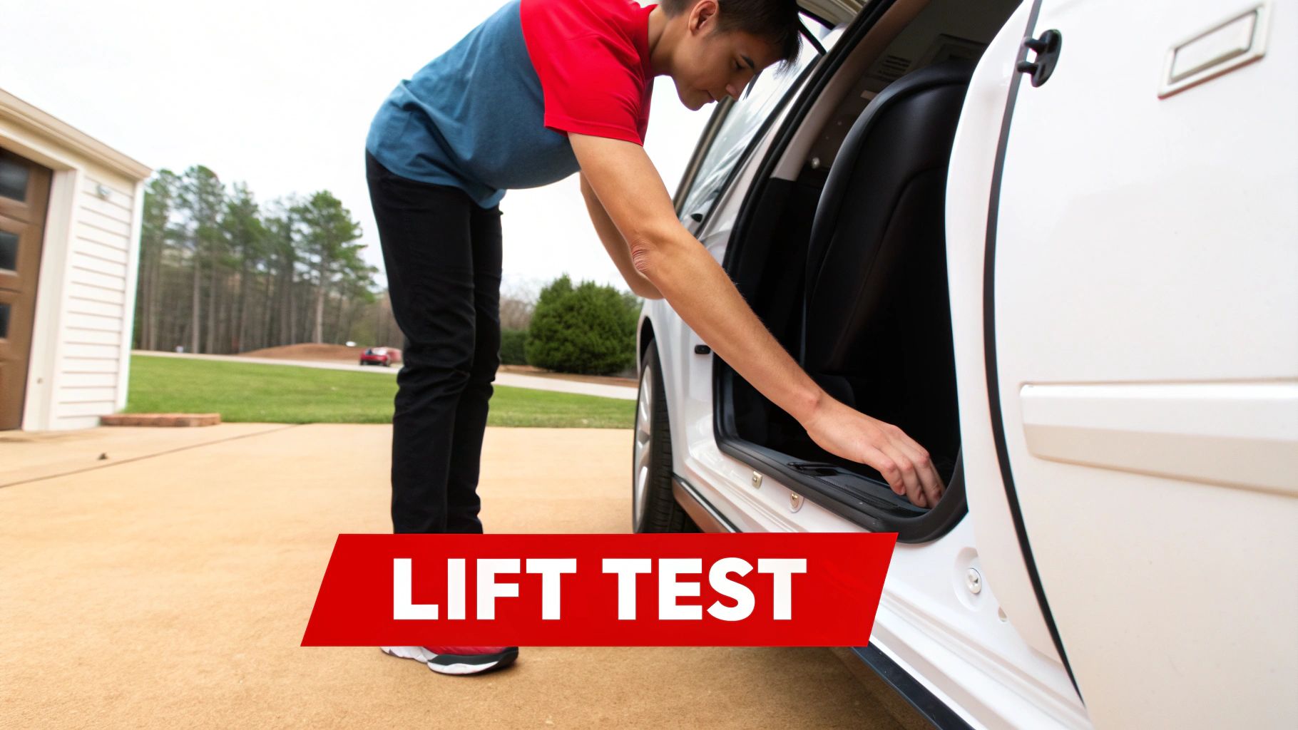A young man performs a 'LIFT TEST' by reaching into an open white car door.