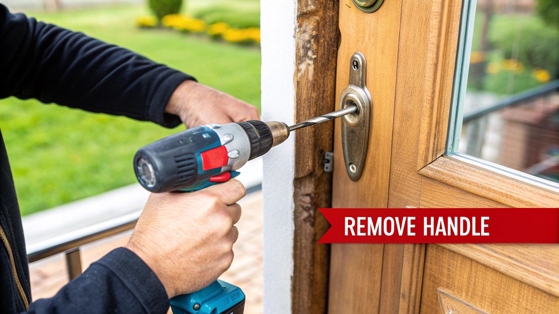 A person using a screwdriver to remove screws from an interior door handle's rose plate.