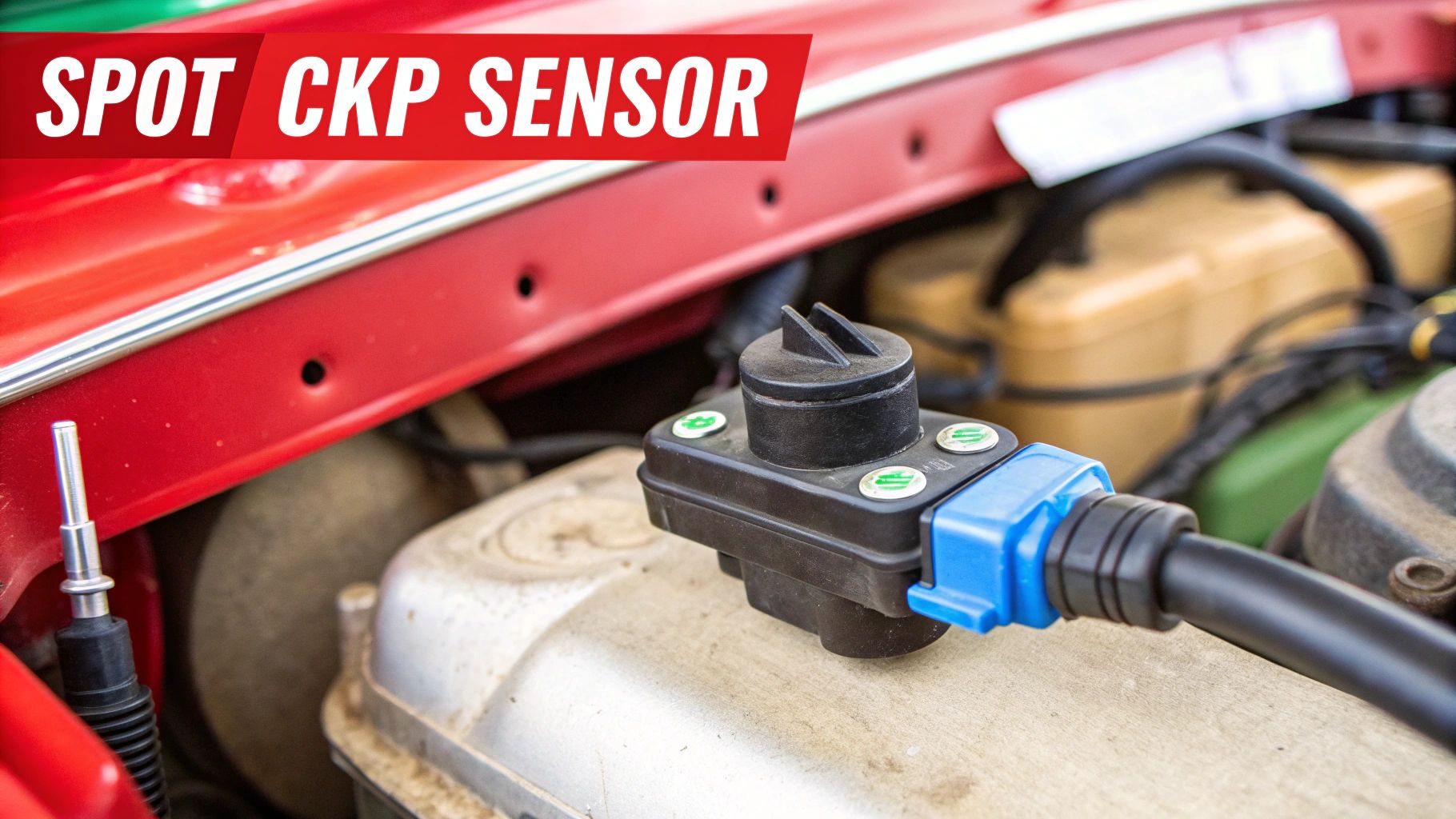 Close-up of a black crankshaft position (CKP) sensor with a blue connector and cable, mounted on an engine component.