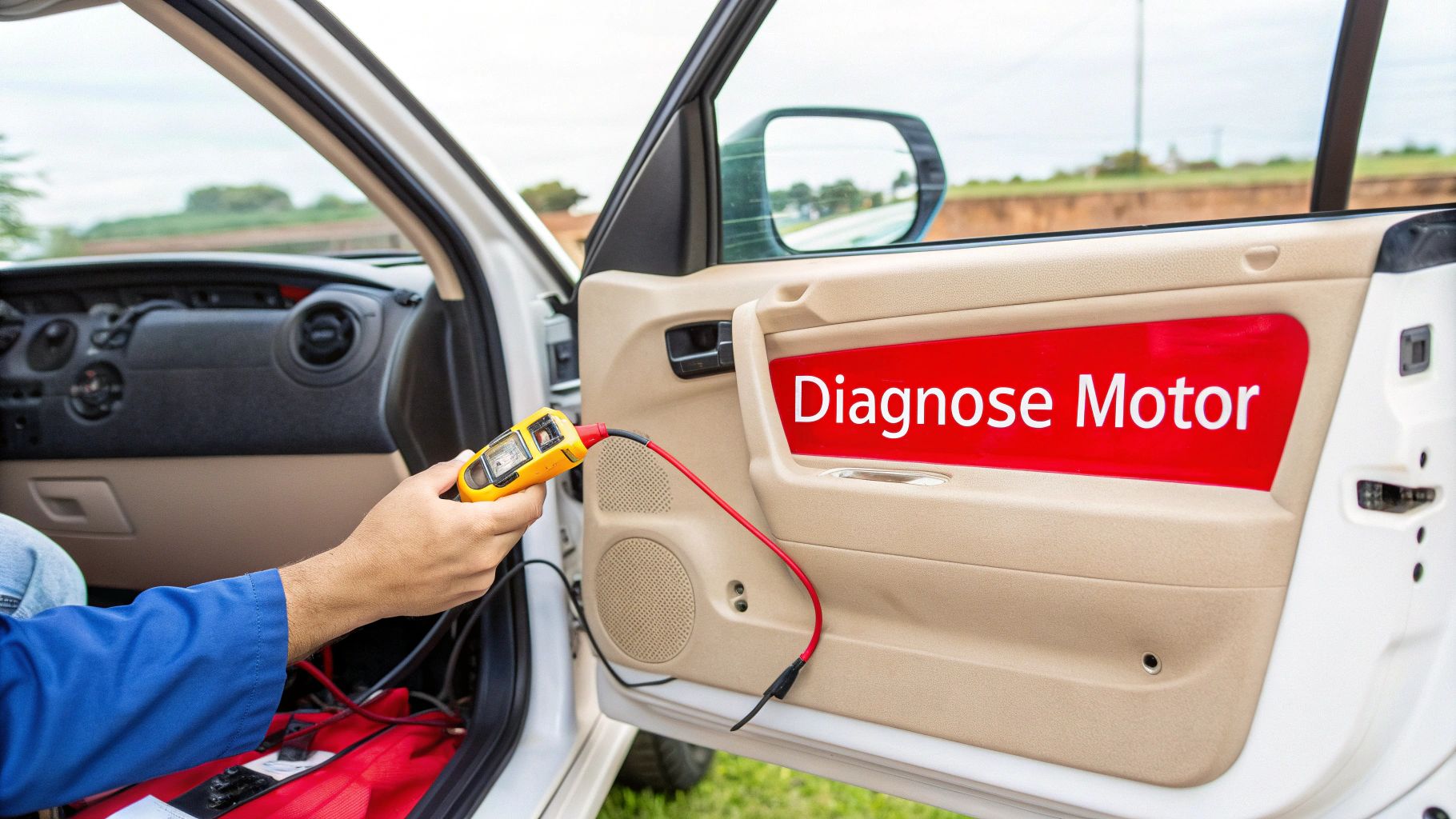 Mechanic diagnosing a car's power window motor with a diagnostic tool inside the open car door.