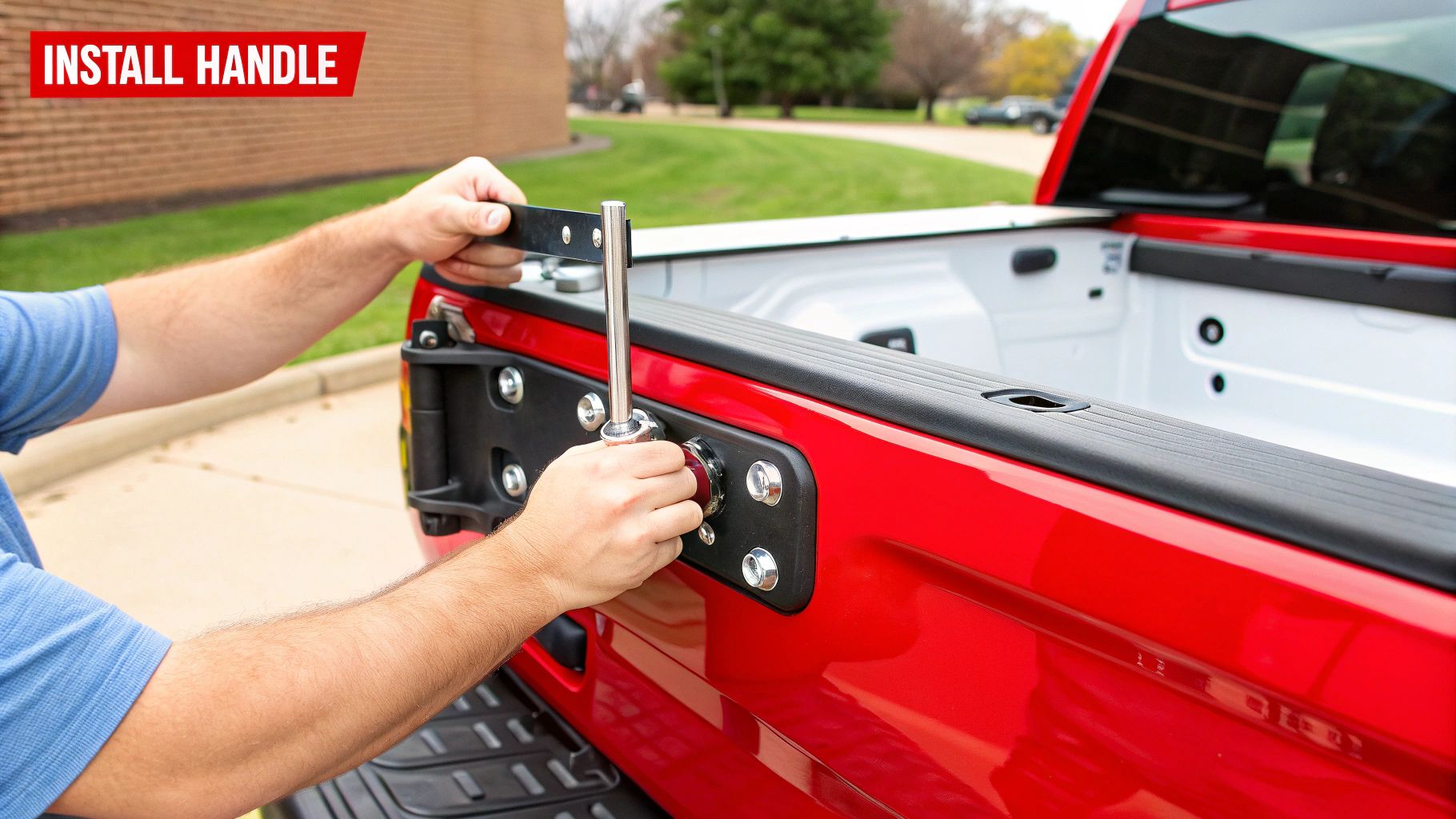 A new, black tailgate handle being carefully inserted into the tailgate of a clean, dark-colored truck.