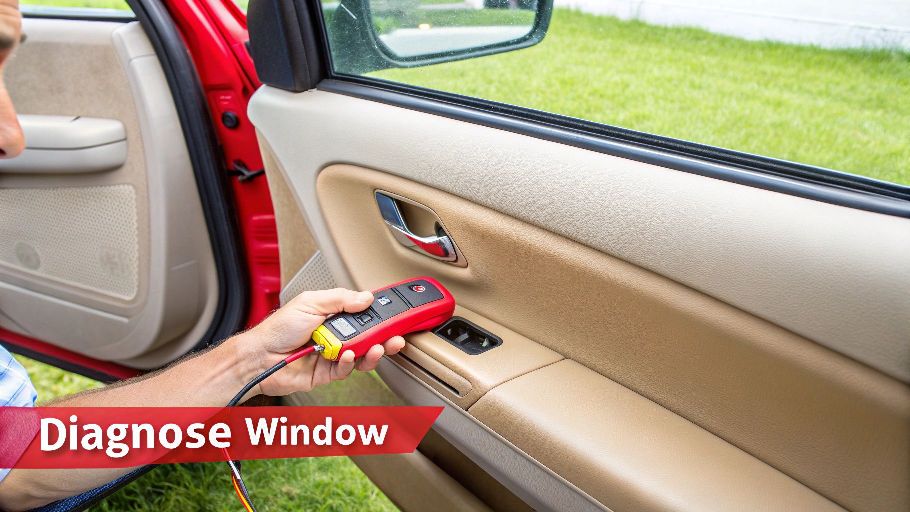 A person working on the inside of a car door to repair a power window.