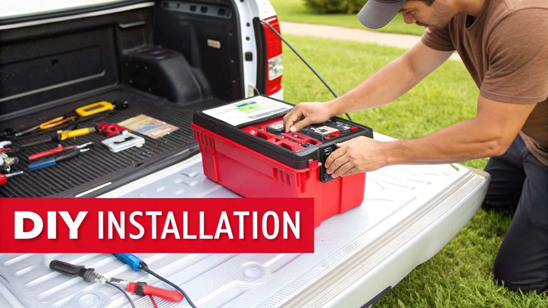 A man performs DIY installation of aftermarket truck parts from a red toolbox in a pickup truck bed.