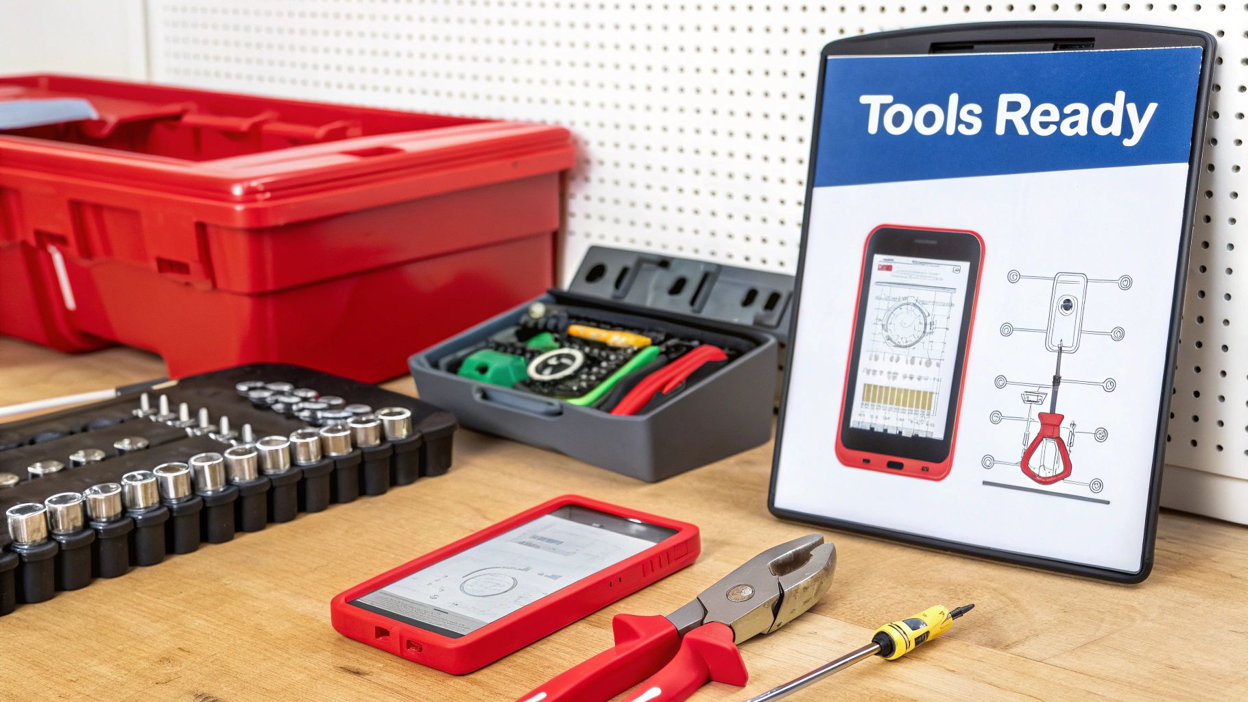 An assortment of hand tools including sockets, wrenches, and screwdrivers laid out on a workbench.