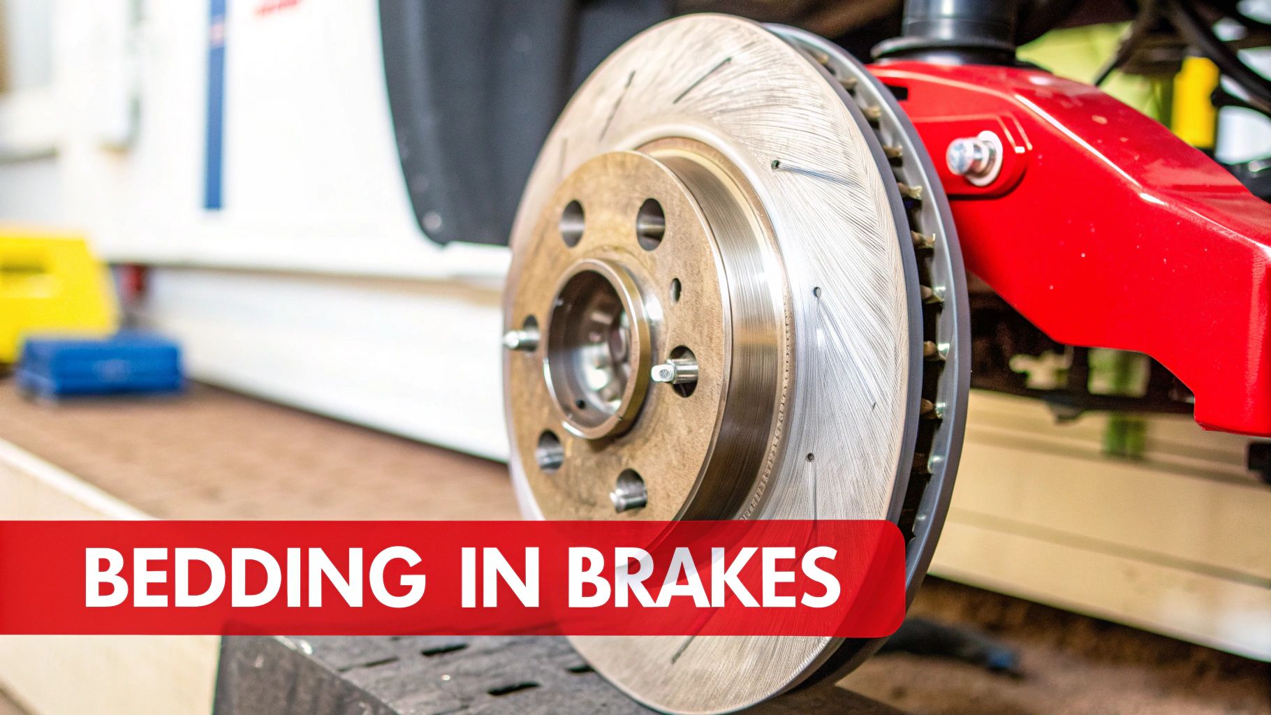 Close-up of a new vented car brake disc with lug studs, illustrating the bedding-in process.