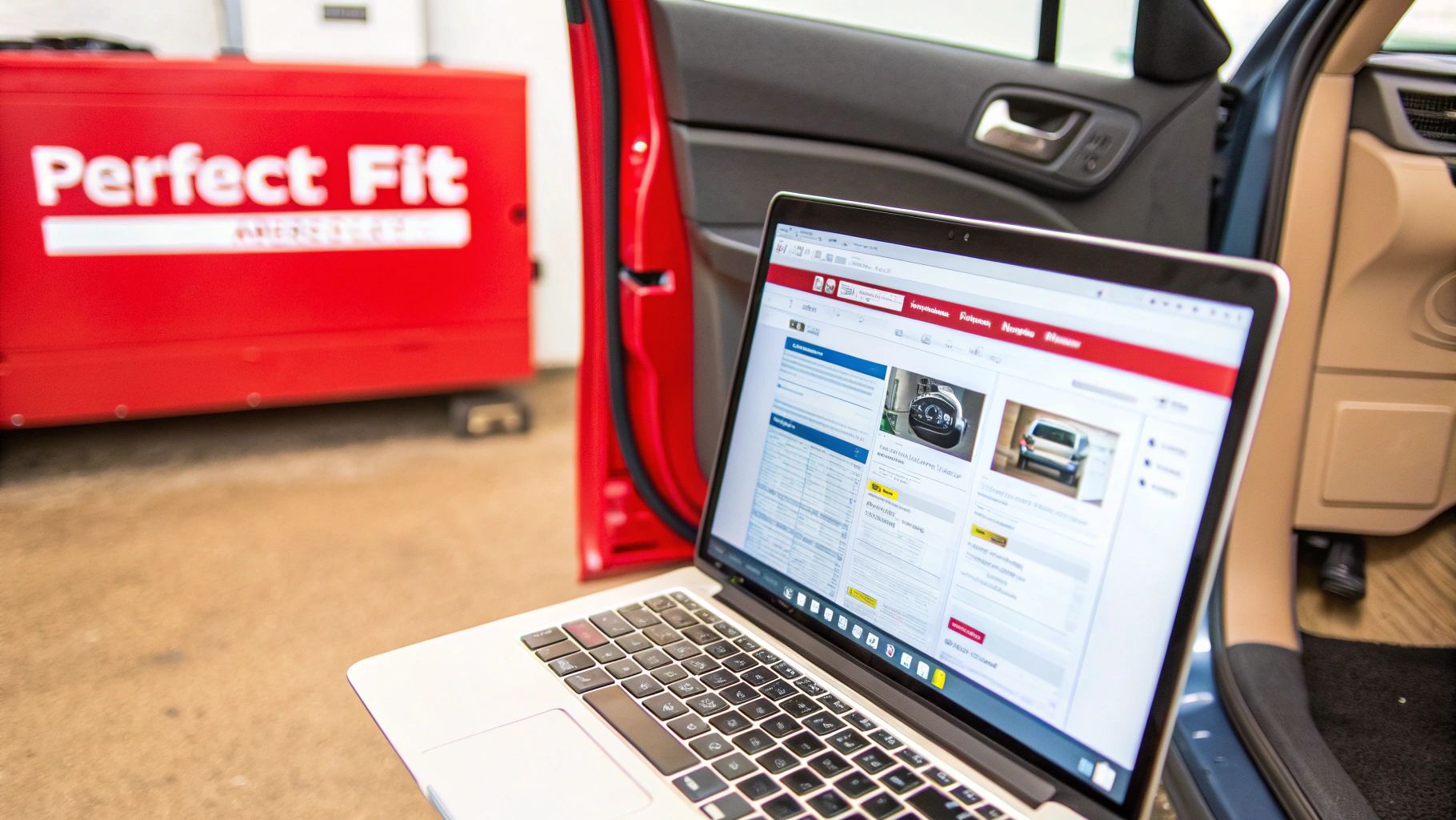 Laptop displaying automotive parts website inside car with Perfect Fit toolbox in workshop background