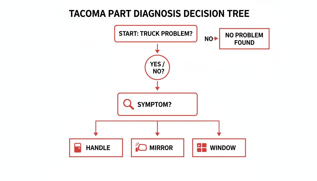 Flowchart showing Tacoma truck part diagnosis decision tree for handle, mirror, and window problems.