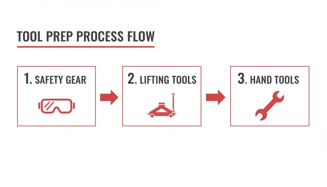A process flow diagram illustrating tool preparation steps: 1. Safety Gear (goggles), 2. Lifting Tools (jack), 3. Hand Tools (wrench).