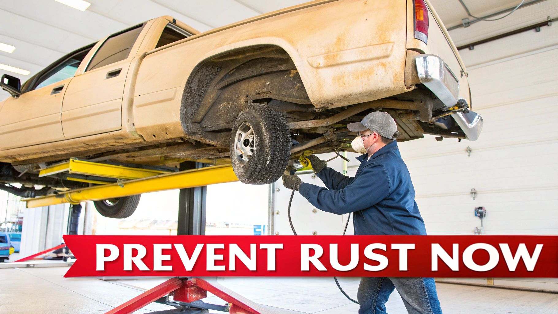 A mechanic in a mask and gloves applies rust prevention to a lifted brown pickup truck in a garage.