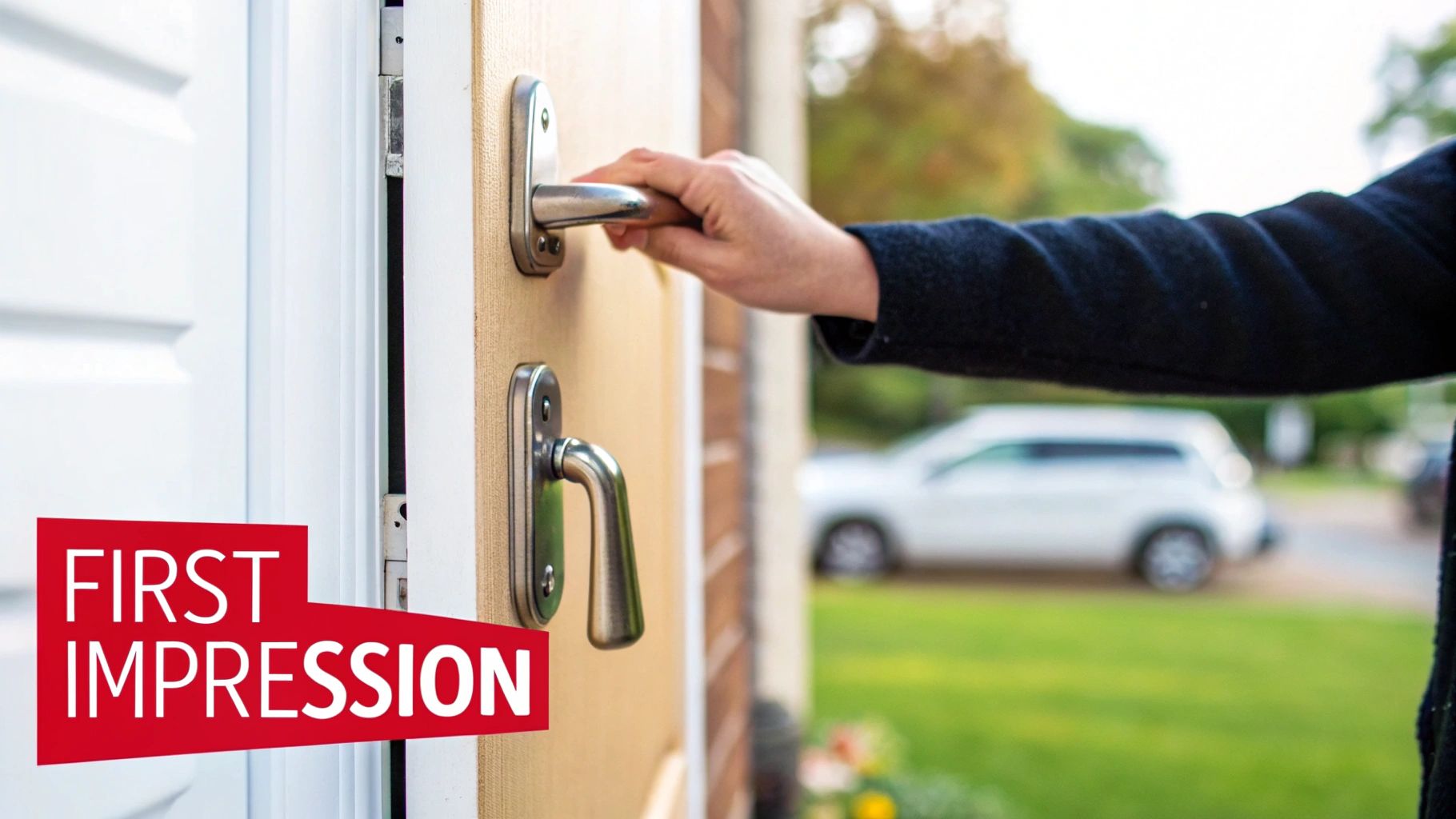 A modern, sleek metal door handle on a dark wooden door.
